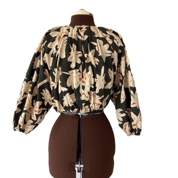 Zara Olive and Yellow Floral Crop Top with Puffed Sleeves - Picture 3 of 6